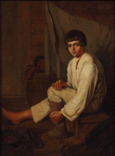 Boy putting bast shoe on, 1820s.
