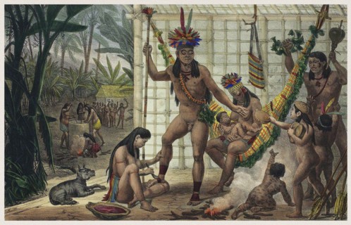 Family of a Camacan Indian Chief Preparing for a Festival. Illustration from Voyage pittoresque et h
