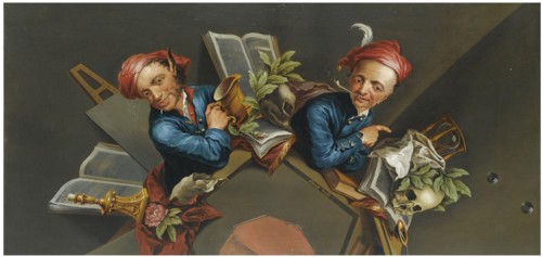 An anamorphic Trompe l'Oeil with a Vanitas still life.