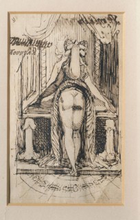 Callipyga. Lady with raised skirts, standing in front of a dressing table with phallic supports.