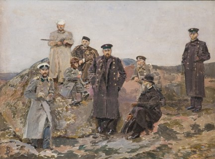 Group portrait of Savva Mamontov, Sergei Witte with the railway engineers.