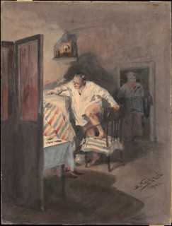Chichikov at the house of Korobochka. Illustration for the novel Dead Souls by N. Gogol.