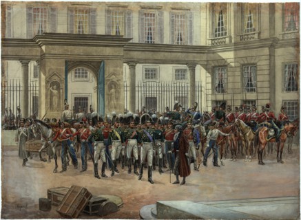 Emperor Alexander I in the courtyard of the Talleyrand's house in Paris.