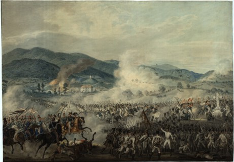 The battle between the Russian-Austrian and French troops.