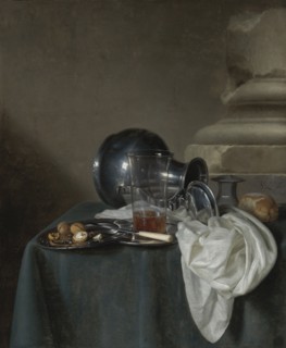 Still Life with a Pewter Jug, a glass of ale, a salt cellar and a bread roll.