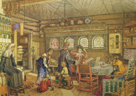 Gornitsa (living chamber) in an Old Russian House of the 16th-17th century.