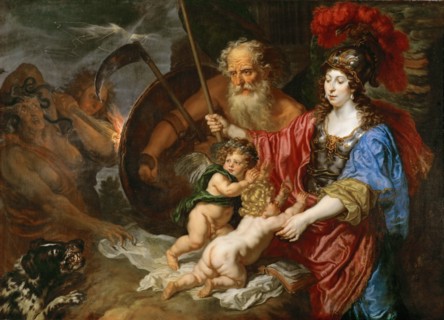 Minerva and Saturn protecting Art and Science from Envy and Falsehood.