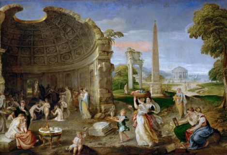 Landscape with antique ruins and bathing women.