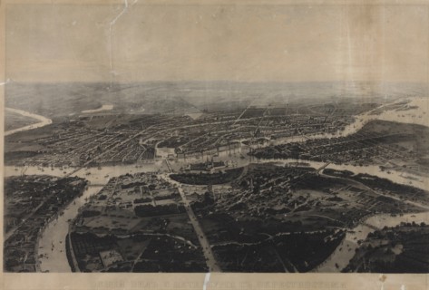 Panorama of St. Petersburg and the surrounding area from the bird's eye view.