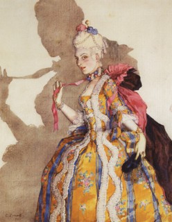 Costume design for Tamara Karsavina as Marquise. Music by Mozart, 1924.