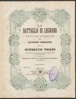 Cover of the vocal score of opera La battaglia di Legnano by Giuseppe Verdi, 1860.