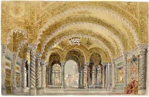 The great castle room, Act III, Set design for opera Otello by Giuseppe Verdi, world premiere, La Sc