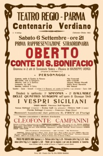 Poster for the opera Oberto conte di San Bonifacio by Giuseppe Verdi in Teatro Regio di Parma, 1913.