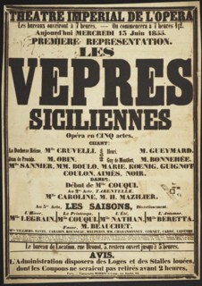 Premiere Poster for the opera Les Vêpres siciliennes by Giuseppe Verdi in Théâtre impérial de l'Opér