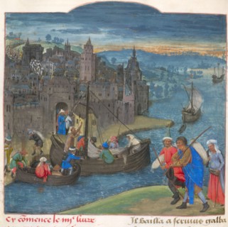 Boats readied for departure at Martigny on the river Dranse in Switzerland. From Les commentaires d