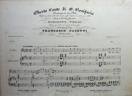 Cover of the score of the opera Oberto conte di San Bonifacio by Giuseppe Verdi, 1850.