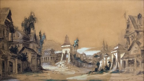 Stage design for the theatre play Posadnik by A. Tolstoy, 1878.