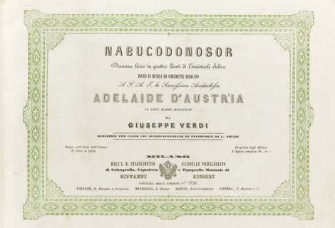 Cover of the score of the opera Nabucco by Giuseppe Verdi, 1842.