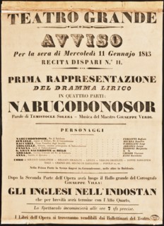 Poster for the opera Nabucco by Giuseppe Verdi in Teatro Grande on 11 January 1843, 1843.