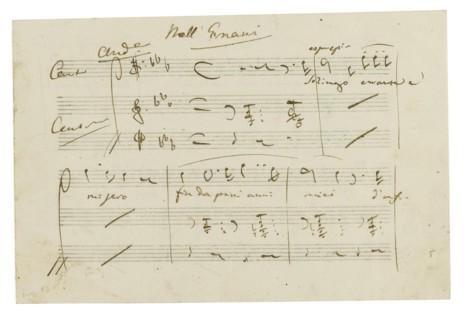 The autograph manuscript: Opera Ernani, final aria Solingo, errante e misero, Early 1840s.
