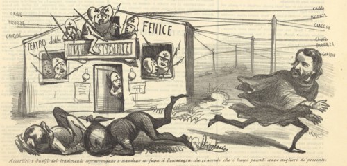 Caricature: Giuseppe Verdi and Teatro La Fenice, 1857.