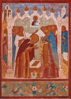 Monastic consecration of Saint Abraham of Rostov. Fresco of the Church of Saint John The Apostle in