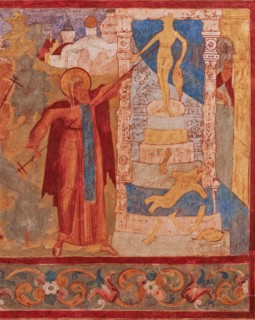 Abraham of Rostov destroys the Veles's statue. Fresco of the Church of Saint John The Apostle in Ros