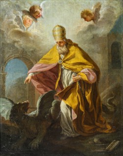 Pope Sylvester I slaying a dragon, 18th century.