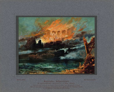 Valhalla on fire. Stage design for the opera Twilight of the Gods by Richard Wagner, 1896.