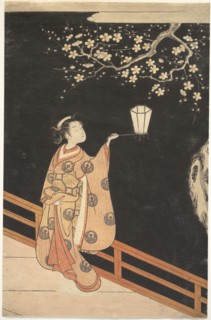 Woman Admiring Plum Blossoms at Night.
