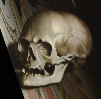 The anamorphic skull. The Ambassadors (Detail), 1533.