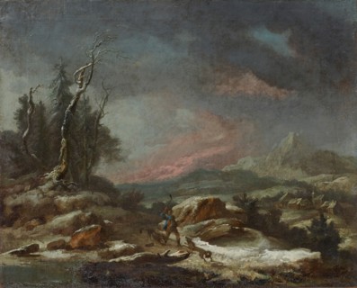 Winter landscape with a walker in the fight against wolves, 1771.