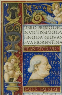 A leaf from the La Sforziada with the portrait of Francesco Sforza in the initial space, 1479.