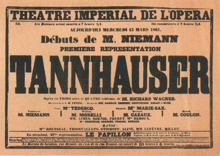 Premiere Poster for the opera Tannhäuser by Richard Wagner in the Opéra de Paris, 1861.