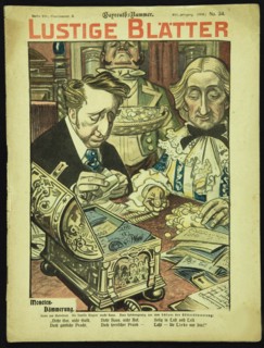 Twilight of the Coins. Caricature from Lustigen Blätter. Berlín. No 34, 1902, dedicated to the Bayre