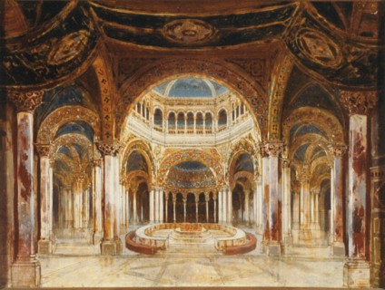 The Temple of the Holy Grail. Set design for opera Parsifal by Richard Wagner, 1882.