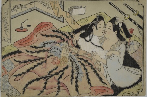 Lovers under a quilt with phoenix design, 1680s.