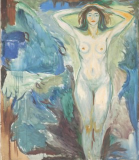 Standing nude against blue background, 1925-1930.