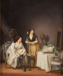 A woman pulling up her stocking, 1798.