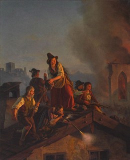 A Tyrolean peasant family defends their house against attacking soldiers. (Scene from the 1809 Tyrol