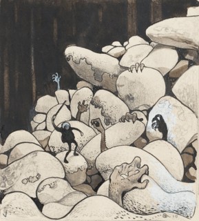 Trolls amongst the stones. Illustration for Bland tomtar och troll (Among Gnomes and Trolls) by Al