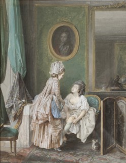 Woman pulling on her stocking, 1776.