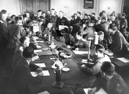 The signing the German Instrument of Surrender in Berlin, May 8, 1945, 1945.