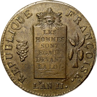 Coin 2 Sols. The National Convention period. Avers, Inscription: Les hommes sont tous égaux devant l
