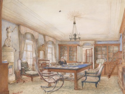 Biedermeier interior with a man sitting at a table, 1846.