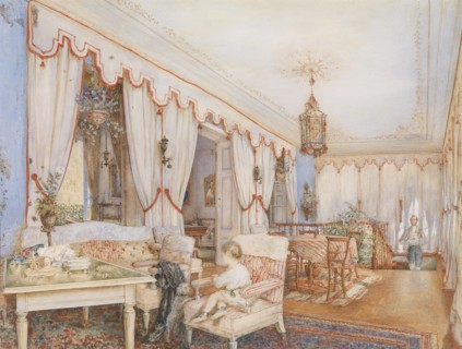 Interior with a child playing with a dog, 1846.