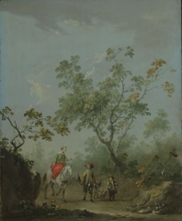 Forest landscape with a lady on horseback, a falconer and a huntsman.