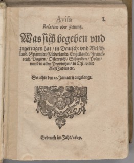 Aviso. Relation oder Zeitung. Title page of the first edition , 1609.