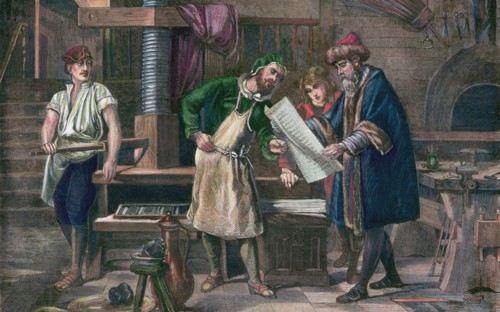 Johannes Gutenberg in his workshop, .
