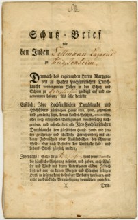 Letter of Protection for Callmann Lazarus from Friesenheim in Baden, 1777.